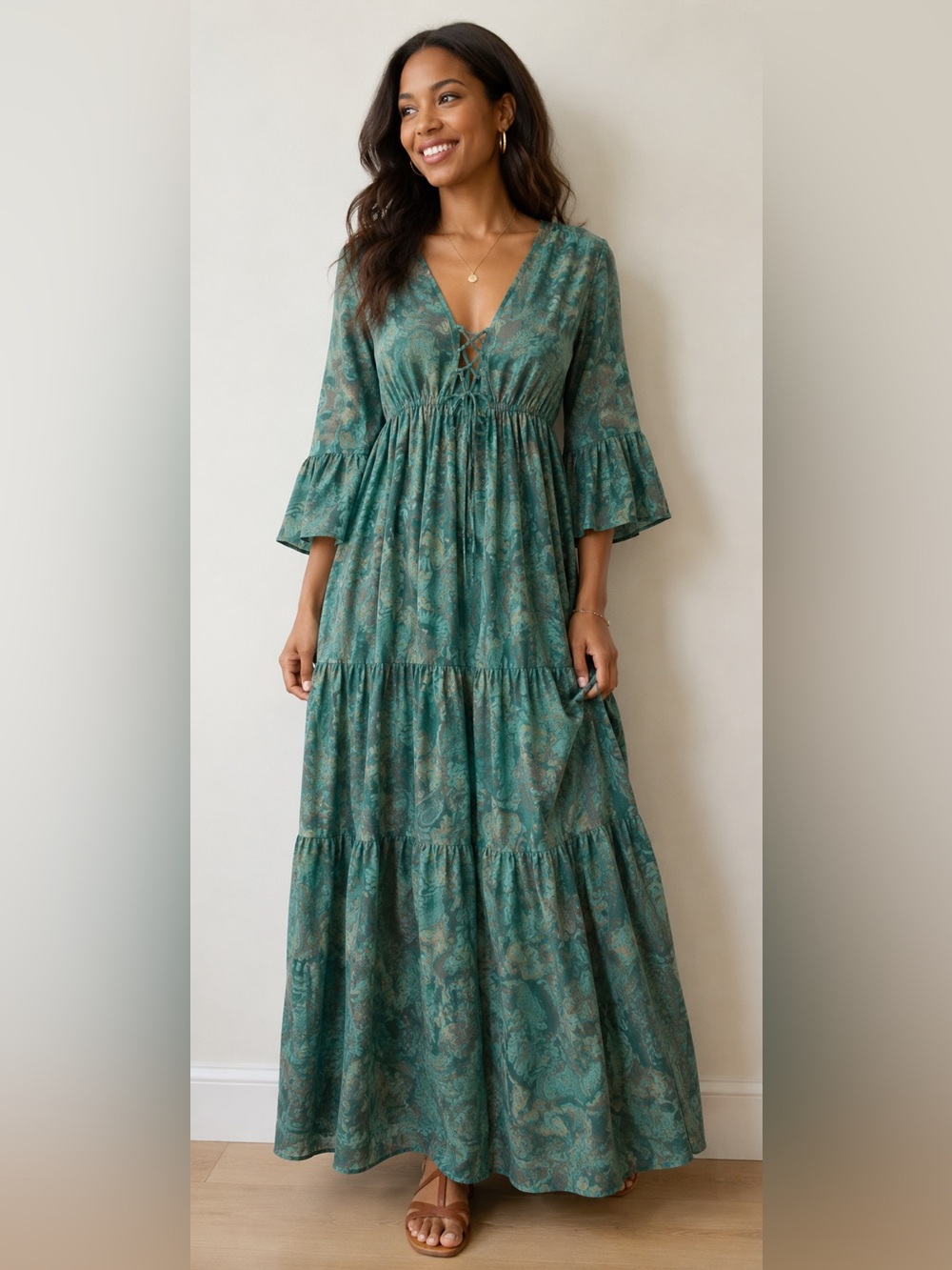 Bohemian Teal Paisley Lace-Up‎ Tiered Maxi Dress, Size S